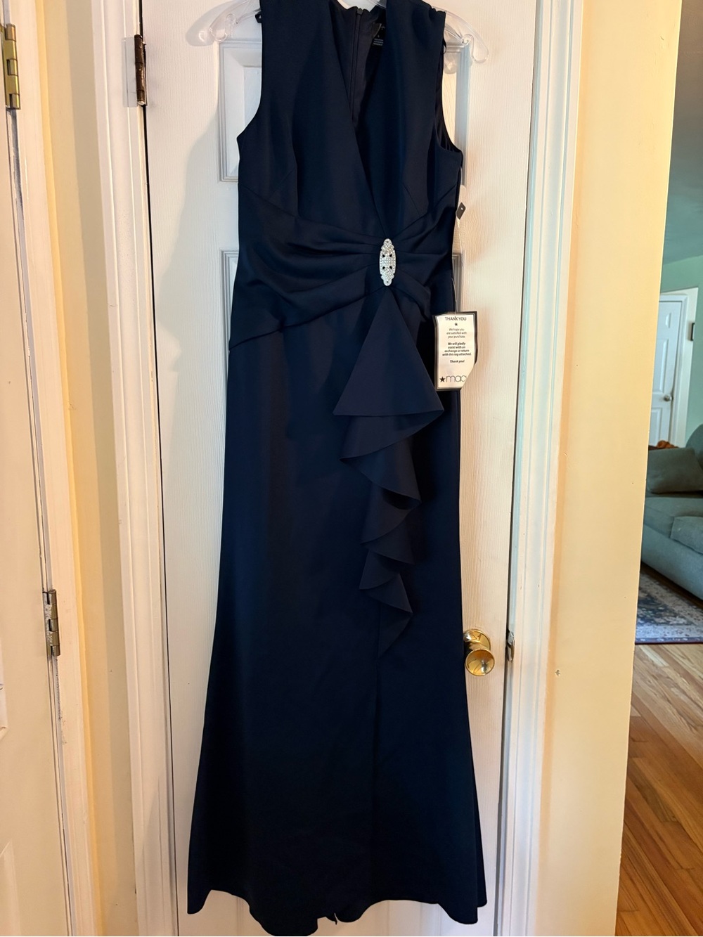 Macy's Navy Sleeveless Ruffle-Front Evening Gown with Jeweled Accent